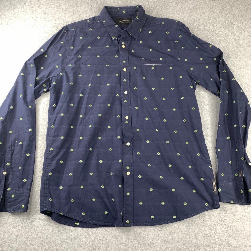 Scotch & Soda Button Up Shirt‎ Large Navy Blue Green Geometric Print Long Slv